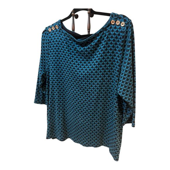 Croft & Barrow Women’s Top XXL Teal Black Print 3/4 Sleeve Button Shouldr Blouse - Picture 1 of 7